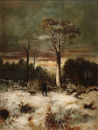 19thC Antique Folk Art Winter Snow Landscape,  Man & Dog Oil Painting Gilt Frame 3