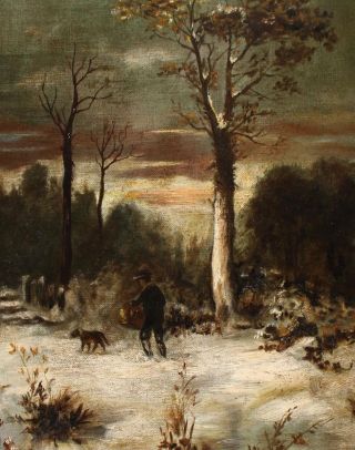 19thC Antique Folk Art Winter Snow Landscape,  Man & Dog Oil Painting Gilt Frame 4
