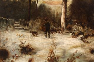 19thC Antique Folk Art Winter Snow Landscape,  Man & Dog Oil Painting Gilt Frame 5