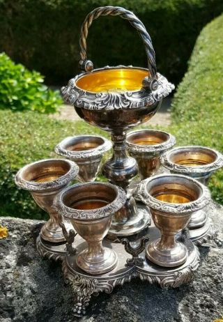 Victorain Antique Silver Plated 6 Egg Cup Stand Gilded Salt Cellar Bowl