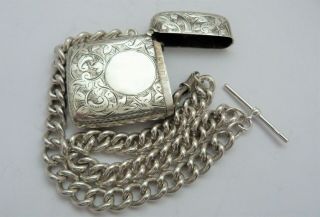 1901 Solid Silver Vesta Case On A Heavy Double Albert Watch Chain - 107 Grams