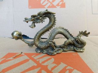 Antique Chinese Brass Hand Carved Dragon Holding A Ball Statue Figurine