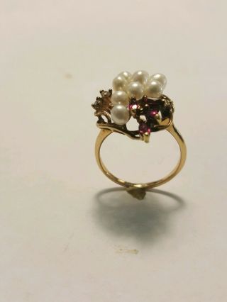 Vintage 14k Yellow Gold Ring With Cluster Of Rubies And Pearls And 3 Diamonds