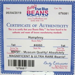 Authenticated Ty Beanie Baby 1st Gen HUMPHREY 