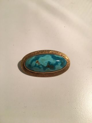 Antique Victorian Turquoise Stone Brooch Pin 14k Gold Filigree Art Nouveau