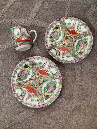 2 Antique Chinese Porcelain Rose Medallion Plates & 1 Espresso Size Cup Mug