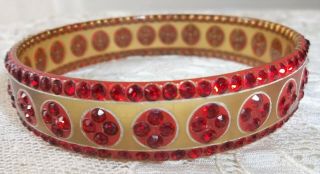 Vtg Art Deco Celluloid Incised Rare Red Rhinestones Sparkler Bangle Bracelet