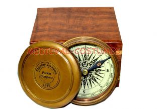 Stanley London Vintage Robert Frost Poem Brass Antique Compass With Wooden Case