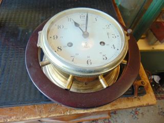Vtg.  Schatz ROYAL MARINER Ship ' s 8 Day,  8 Bell Key Wind Clock,  Wood Wheel, 2
