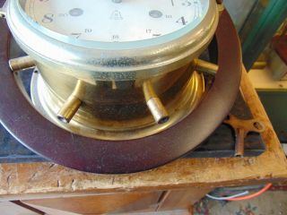 Vtg.  Schatz ROYAL MARINER Ship ' s 8 Day,  8 Bell Key Wind Clock,  Wood Wheel, 3