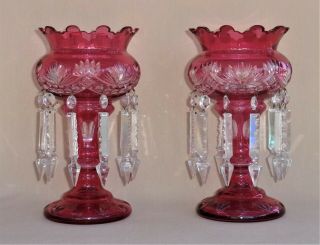 Antique Bohemian Cranberry Cut To Clear Pair Mantle Lusters Crystal Prisms