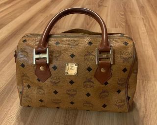 Vintage 80’s 90’s Mcm Hand Bag Travel Cognac Visetos Brown Coated Canvas Germany