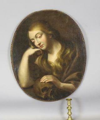 Rare 17th - 18th C Oil On Canvas Old Master Portrait Of Young Woman With A Skull