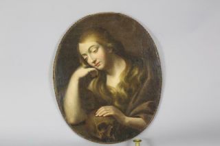 RARE 17TH - 18TH C OIL ON CANVAS OLD MASTER PORTRAIT OF YOUNG WOMAN WITH A SKULL 2
