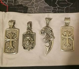 4 Rare Mens.  925 Sterling Silver Pendants Charms Dog Tag Eagle Lion Cross Royal
