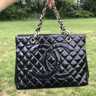 Chanel Timeless Gst Black Patent Leather Chain Tote Bag Euc •rare•