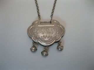 Wonderful Vintage Chinese / Tibetan Silver Lock Pendant Necklace w Bells 2