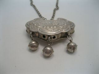 Wonderful Vintage Chinese / Tibetan Silver Lock Pendant Necklace w Bells 4