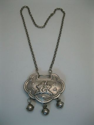 Wonderful Vintage Chinese / Tibetan Silver Lock Pendant Necklace w Bells 5