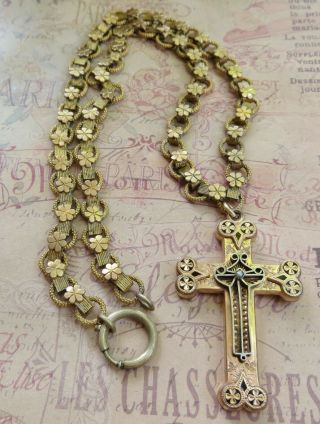Ornate Victorian Gold Filled Book Chain Necklace With Cross Pendant