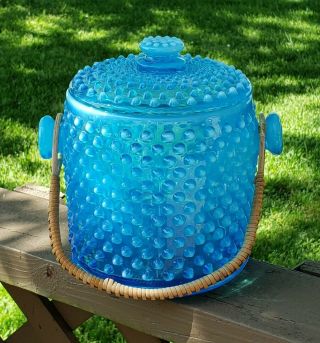 Rare Vintage Fenton Blue Opalescent Hobnail Cookie Jar