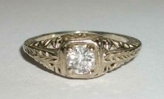 Antique Art Deco Ring / 14k White Gold Filigree /.  33ct Diamond / 4.  5