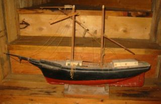 Antique Primitive Hand Made Wood Pond Ship Boat Model,  30 ".  Folk Art Restore Me.