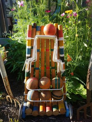 Vintage 50 ' s South Bend Lawnplay Wood Croquet Set 6 Player with Wheeled Cart 2