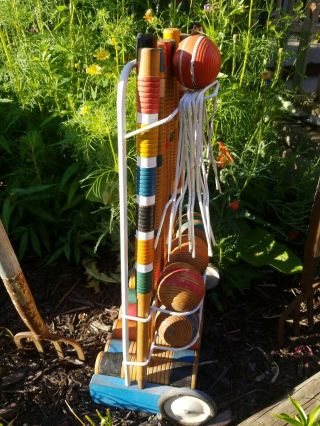 Vintage 50 ' s South Bend Lawnplay Wood Croquet Set 6 Player with Wheeled Cart 4