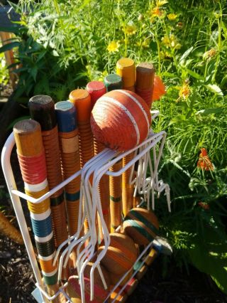 Vintage 50 ' s South Bend Lawnplay Wood Croquet Set 6 Player with Wheeled Cart 6