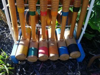Vintage 50 ' s South Bend Lawnplay Wood Croquet Set 6 Player with Wheeled Cart 7