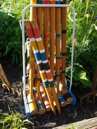 Vintage 50 ' s South Bend Lawnplay Wood Croquet Set 6 Player with Wheeled Cart 8