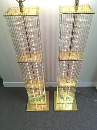 Pair Sciolari Glass Rod & Brass Floor Lamps Mid Century Modern Lightolier Vtg