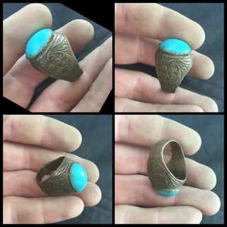 Rare Post Medieval Bronze Gilt Turquoise Ring 18th To 19th C