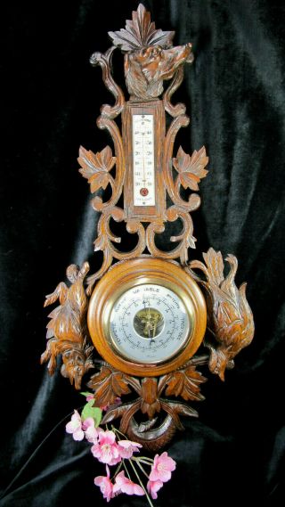 Antique Black Forest French Barometer Weather Station Hunting Hand Carved Wood