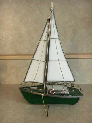 Decorative Vintage Metal Stained Glass Green Sailboat - 10 1/2” Tall 7 " Long