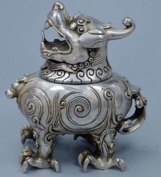 Exorcism Tibet Collectable Handwork Miao Silver Carve God Beast Incense Burners 3