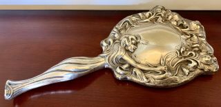 Unger Bros Lady Sterling Silver Vanity Hand Mirror Victorian Nouveau Antique