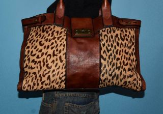 Fossil Vintage Reissue Large Weekender Leather Leopard Pony Hair Tote Bag Purse