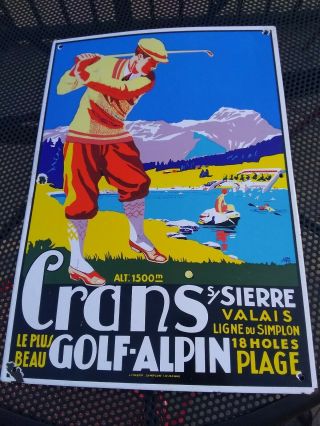 Antique Art Deco Era 1925 Porcelain Advertising Sign Crans Sierre Golf Alpin Old