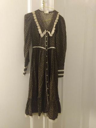 Vintage 70s Jessica Gunne Sax S Small Or Xs Boho Prairie Brown Floral Lace Dress