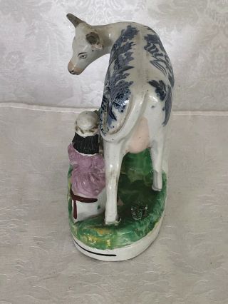 GORGEOUS AND RARE BLUE WILLOW COW WITH MILKING MAID AWESOME 4