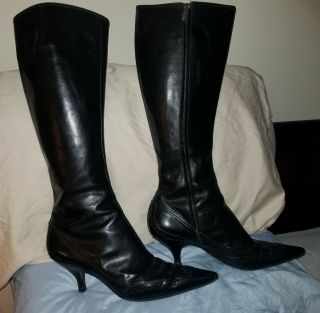 Vintage Yves Saint Laurent Black Leather Knee High Wing Tip Boots Size 41