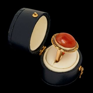 Antique Vintage Art Nouveau 14k Yellow Gold Etruscan Red Agate Band Ring Sz 6.  5