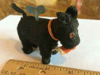 Vintage Furry Mechanical Key Wind Up Toy Black Scottie Dog W/ Red Collar Japan
