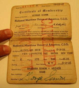Vintage 1947 National Maritime Union Of America Membership Book - York