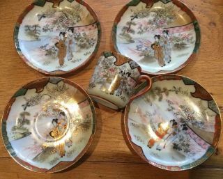 Stunning Set Of 4 Vintage Japanese Hand Painted Small Plates Plates & One Cup