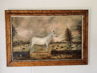 Antique Oil Painting Of Horse In A Field Birdseye Maple Gilt Frame Nr