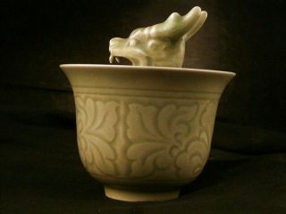 Wow Chinese Ming Dy Green Glaze Porcelain Carved Dragon Cup