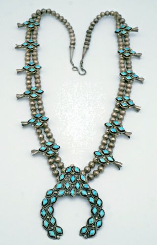Vintage Zuni Squash Blossom Necklace Blue Gem Turquoise Sterling Silver